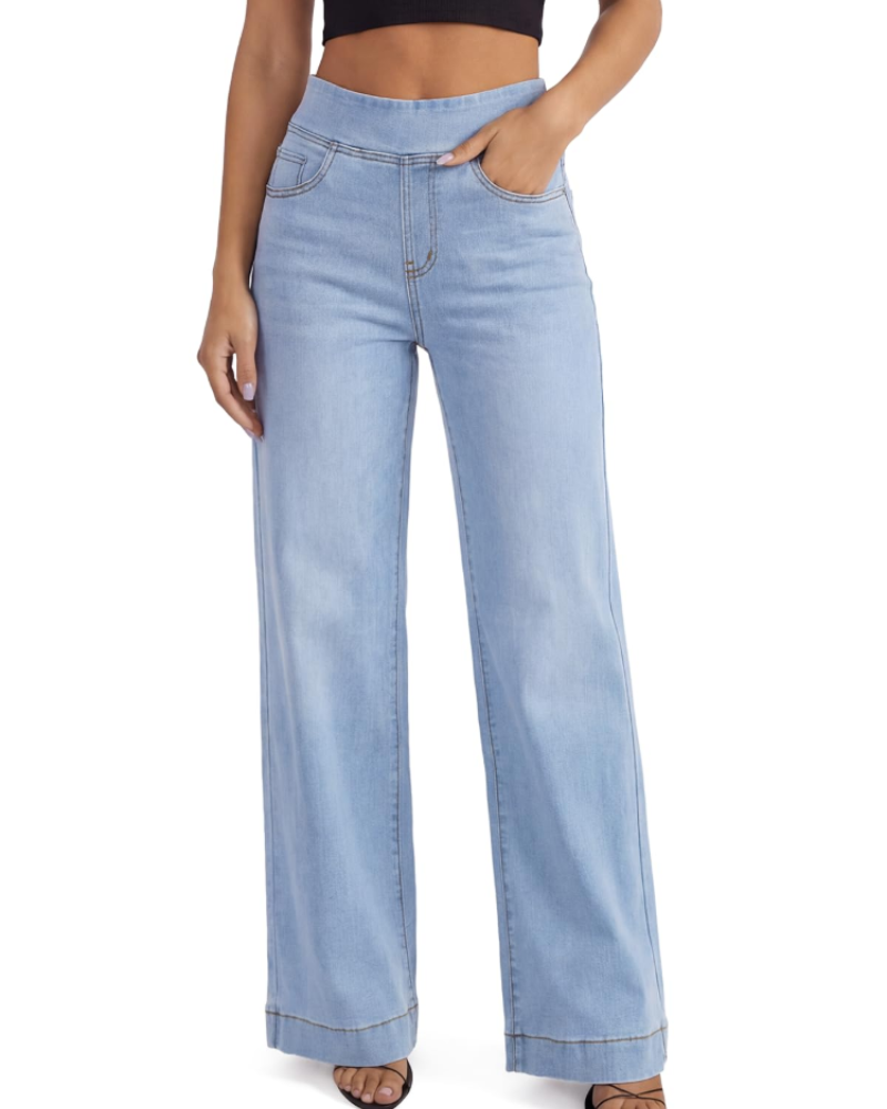 Jean Large Taille Haute et Coupe Droite avec Poches pour Femme