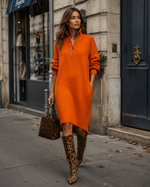 Robe Pull Droite Femme à Manches Longues en Maille avec Col Montant
