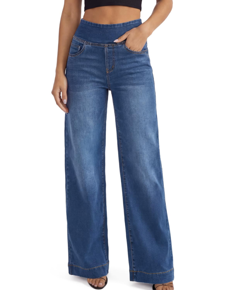 Jean Large Taille Haute et Coupe Droite avec Poches pour Femme