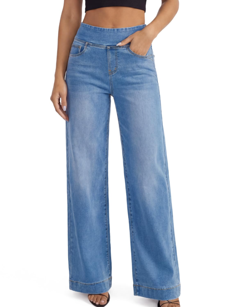 Jean Large Taille Haute et Coupe Droite avec Poches pour Femme