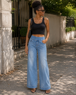 Jean Large Taille Haute et Coupe Droite avec Poches pour Femme