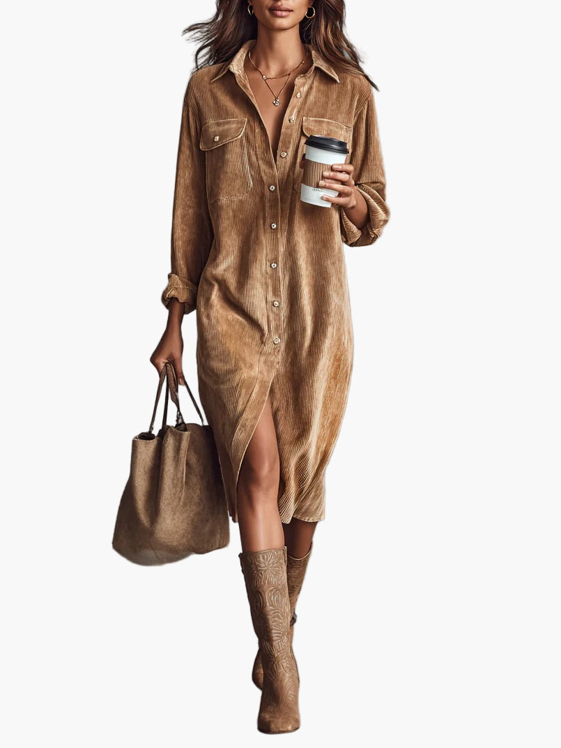 Robe Chemise en Velours Côtelé Mi-Longue pour Femme | Idéale pour le Quotidien