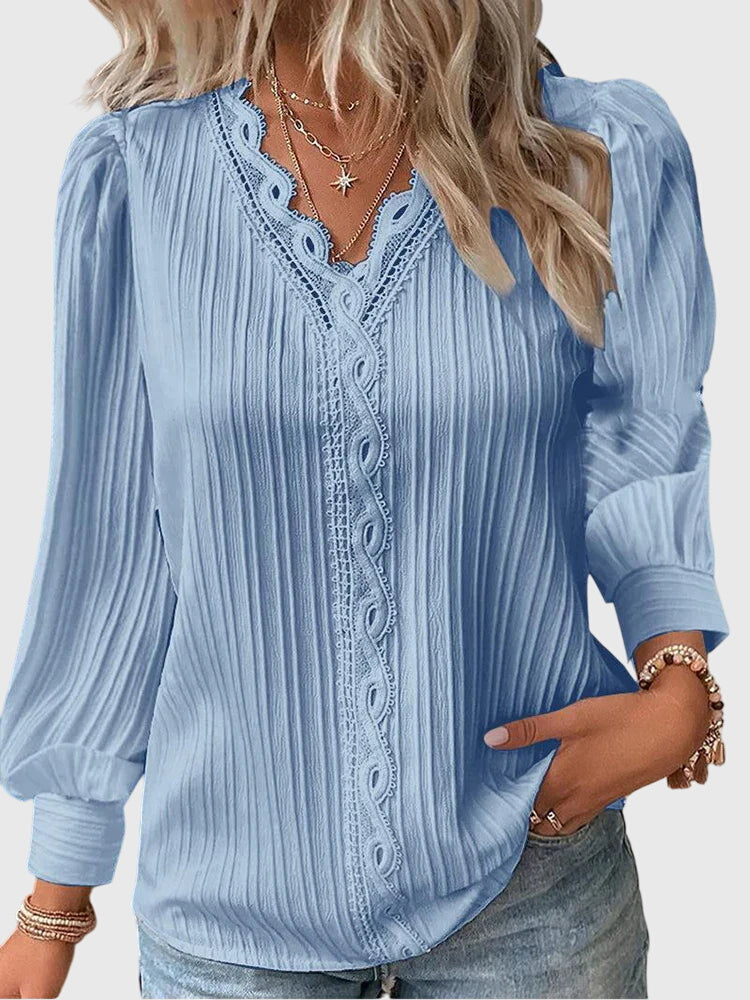 Blouse Pull-over à Col V avec Dentelle pour Femmes