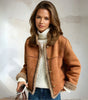 Veste Courte Structurée en Daim avec Bordures Effet Mouton pour Femme