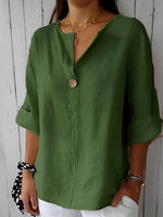Blouse en Lin Col V à Manches 3/4 pour Femme | Idéale pour le Quotidien