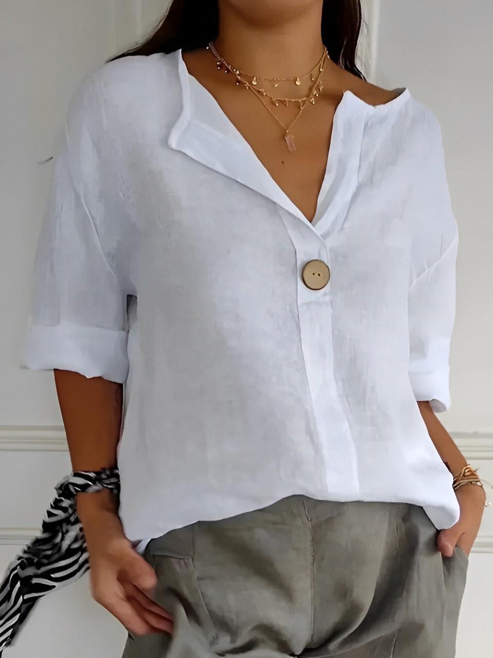 Blouse en Lin Col V à Manches 3/4 pour Femme | Idéale pour le Quotidien