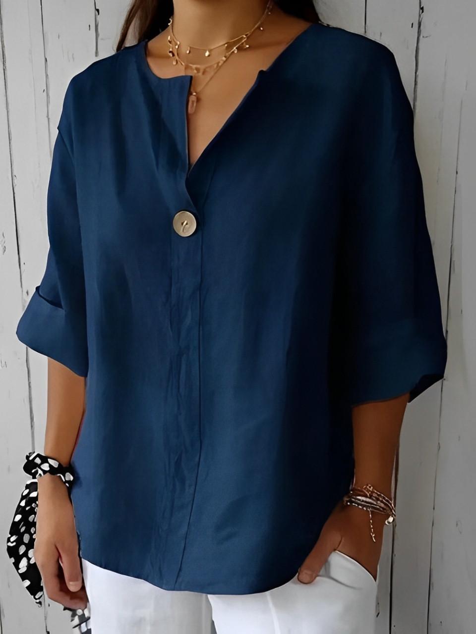 Blouse en Lin Col V à Manches 3/4 pour Femme | Idéale pour le Quotidien