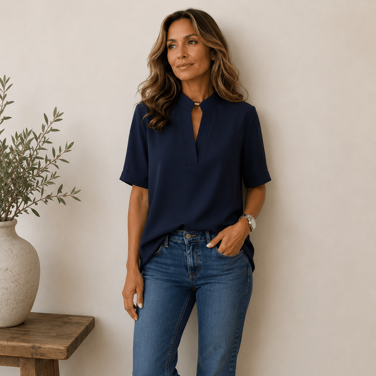 Blouse Femme Col V Manches Courtes Coupe Fluide Unie - Emilia Lane