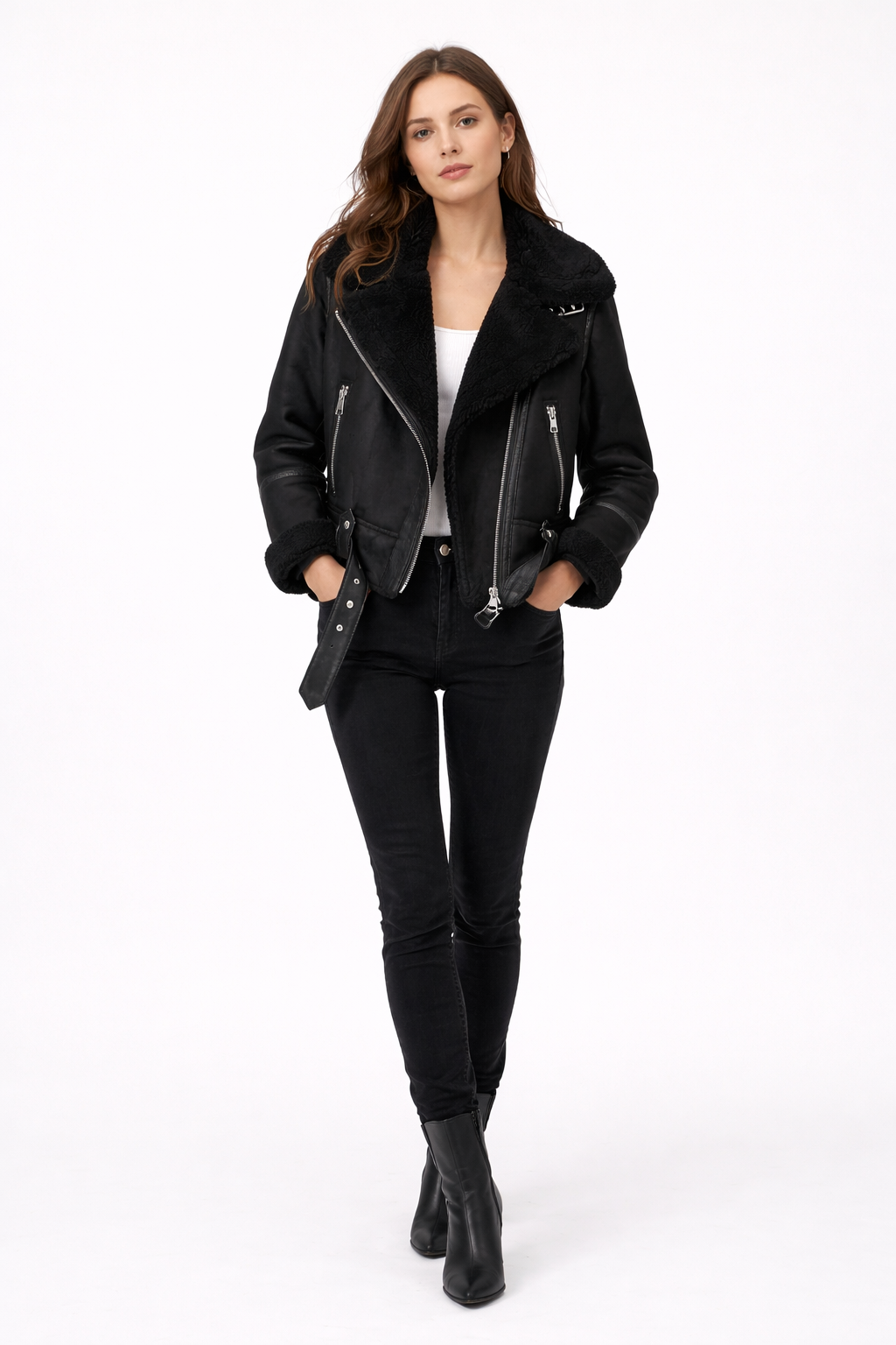 Veste Aviateur en Daim Coupe Ample avec Ceinture pour Femme