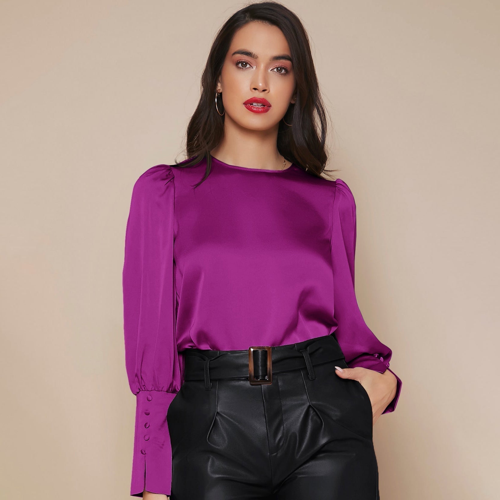 Chemise Satin à Manches Longues pour Femme - Emilia Lane