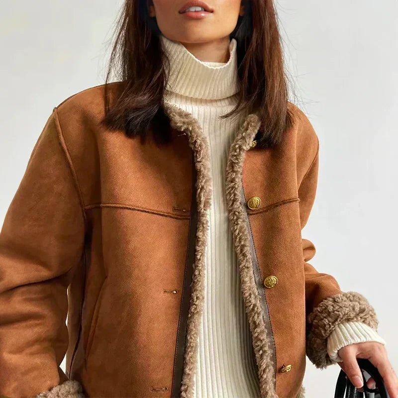 Veste Courte Structurée en Daim avec Bordures Effet Mouton pour Femme