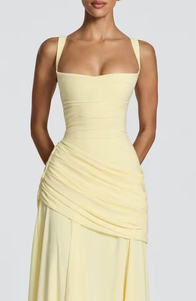 Robe Longue à Encolure Carrée et Drapé Latéral pour Femme | Idéale pour l'Été