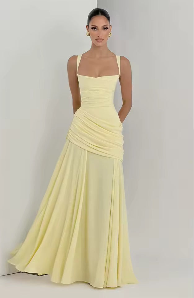 Robe Longue à Encolure Carrée et Drapé Latéral pour Femme | Idéale pour l'Été