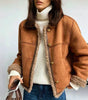 Veste Courte Structurée en Daim avec Bordures Effet Mouton pour Femme
