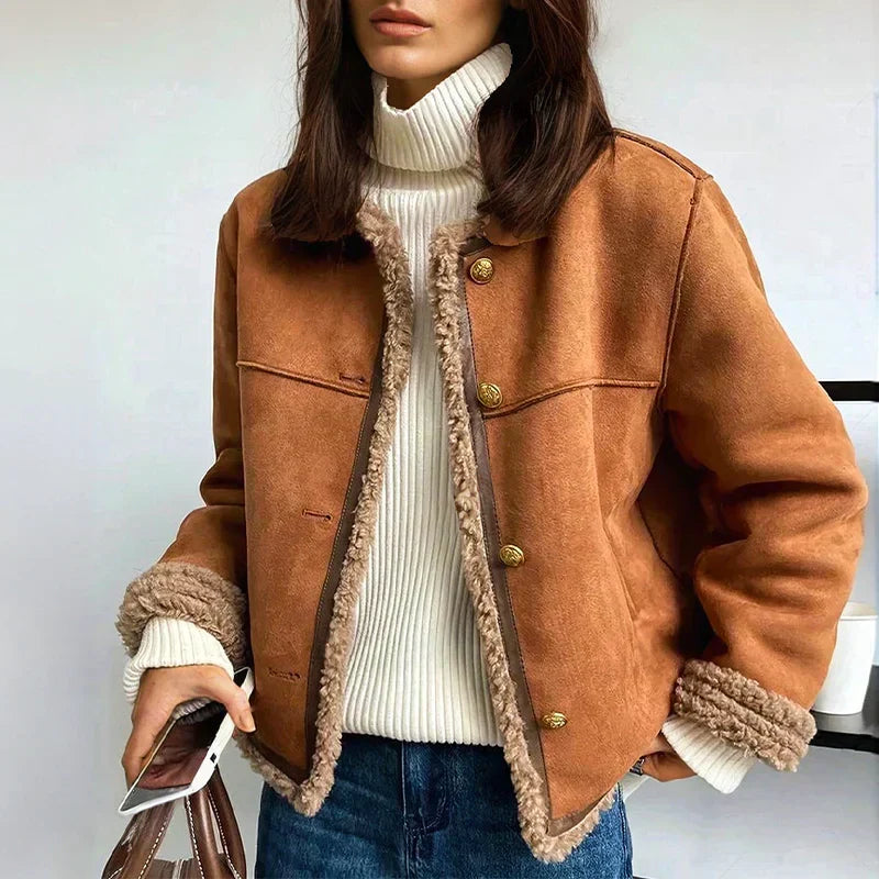 Veste Courte Structurée en Daim avec Bordures Effet Mouton pour Femme