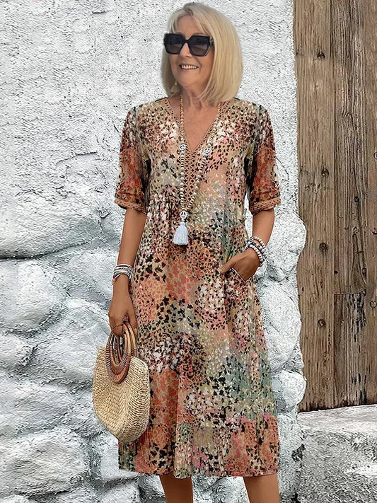 Robe Midi à Fleurs avec Manches Courtes pour Femme