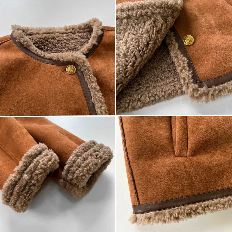 Veste Courte Structurée en Daim avec Bordures Effet Mouton pour Femme