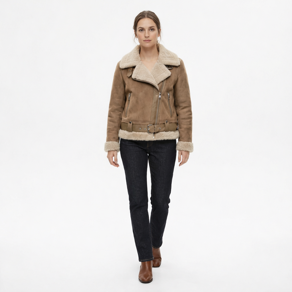 Veste Aviateur en Daim Coupe Ample avec Ceinture pour Femme