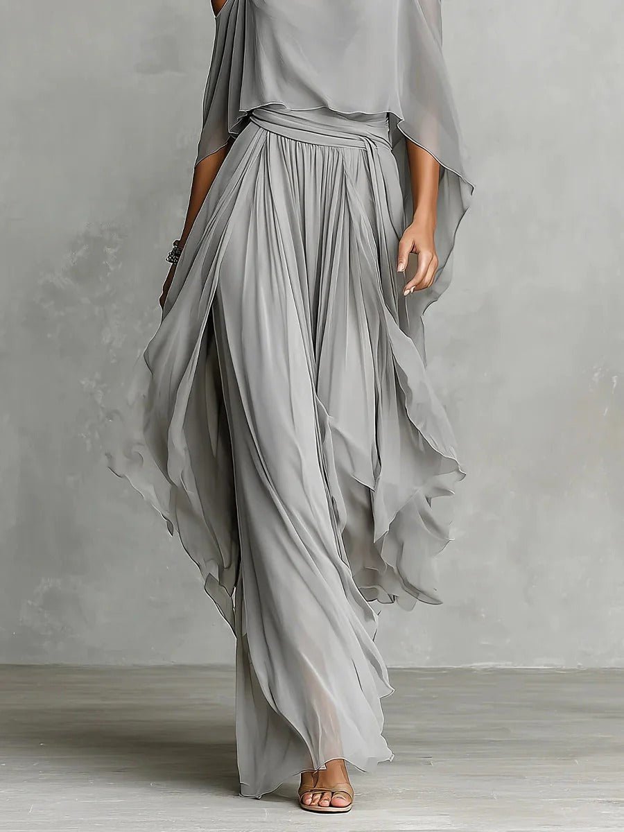 Ensemble Chiffon à Épaules Dénudées et Pantalon Large pour Femme | Idéal pour l'Été - Emilia Lane