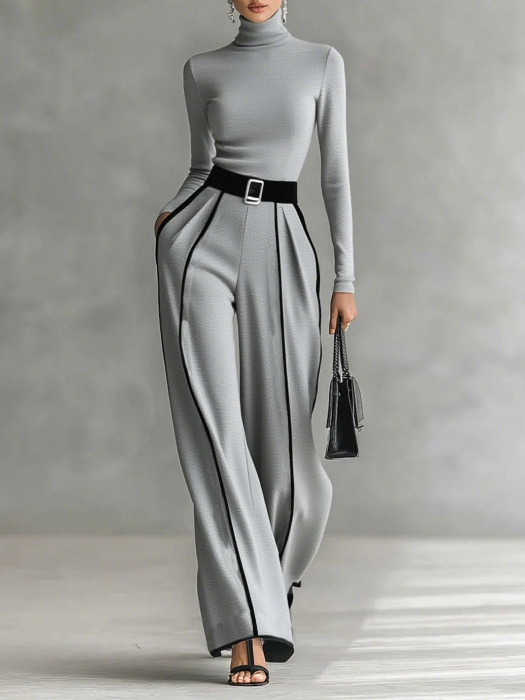 Ensemble pantalon à jambes larges et haut à col montant pour femmes - Emilia Lane