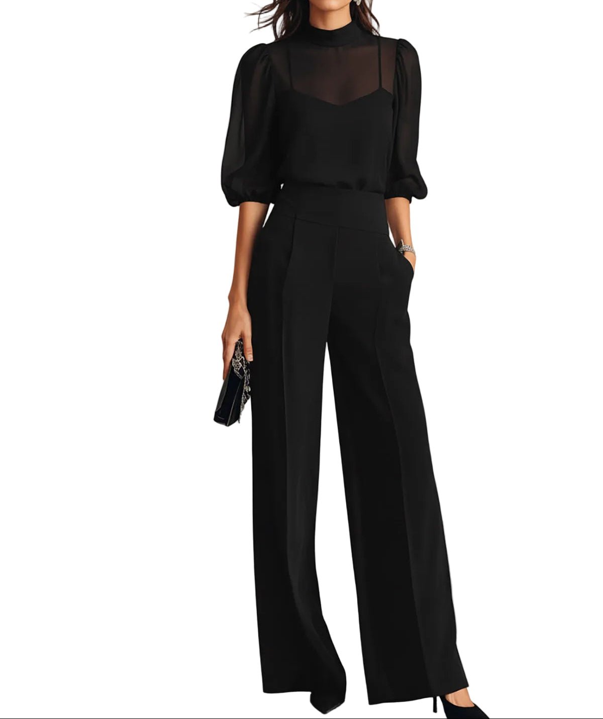Ensemble Trois Pièces avec Blouse Transparente et Pantalon Large pour Femme | Idéal pour les Banquets - Emilia Lane