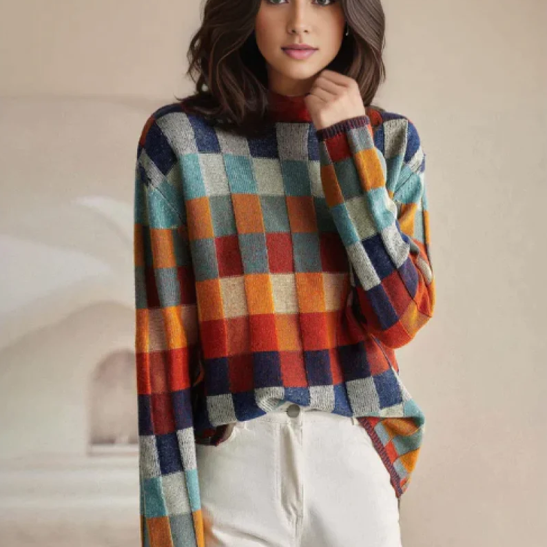 Pull Oversize à Carreaux et Col Montant pour Femme