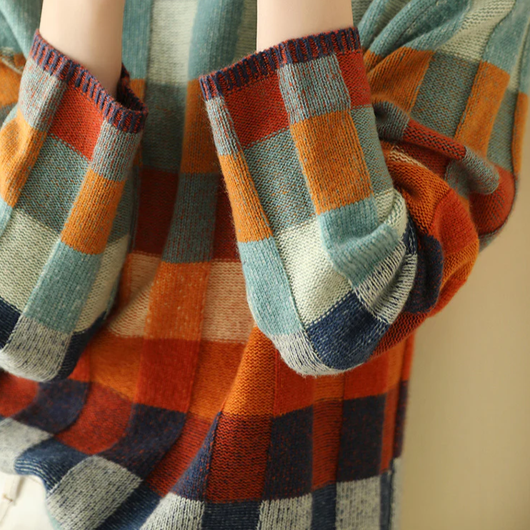 Pull Oversize à Carreaux et Col Montant pour Femme