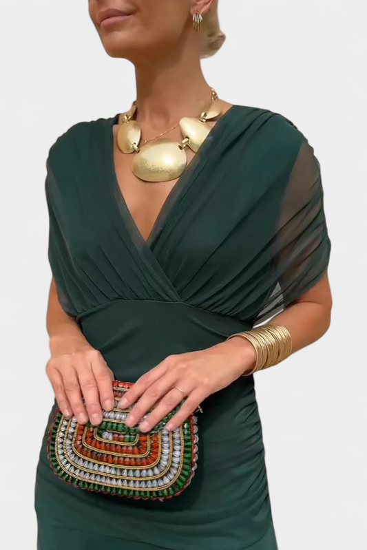 Robe Élégante Vert Foncé Col V Profond