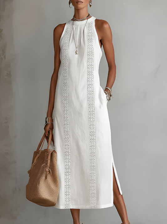 Robe Midi Femme Col Mandarin en Lin et Coton