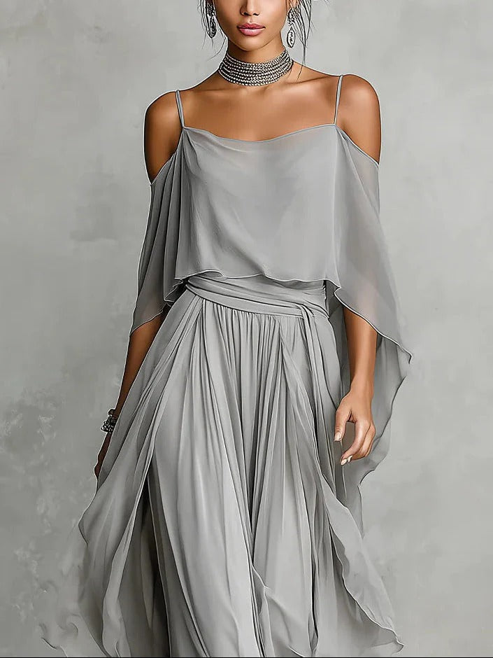 Ensemble Chiffon à Épaules Dénudées et Pantalon Large pour Femme | Idéal pour l'Été