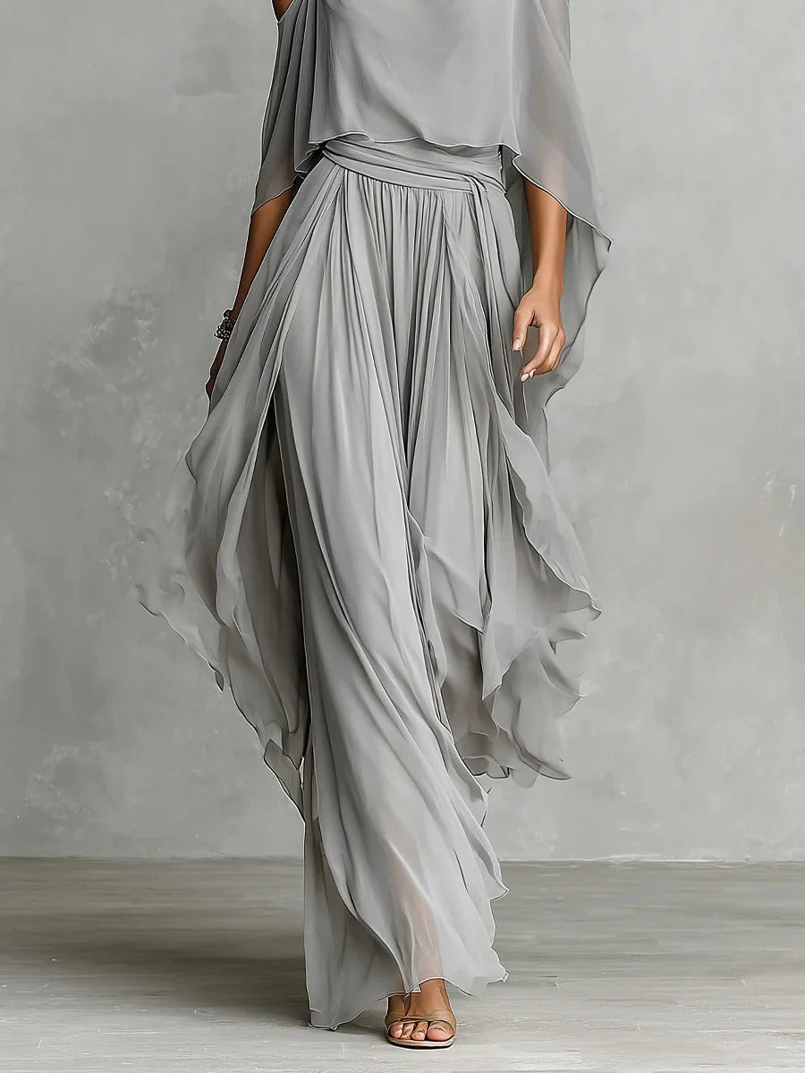 Ensemble Chiffon à Épaules Dénudées et Pantalon Large pour Femme | Idéal pour l'Été