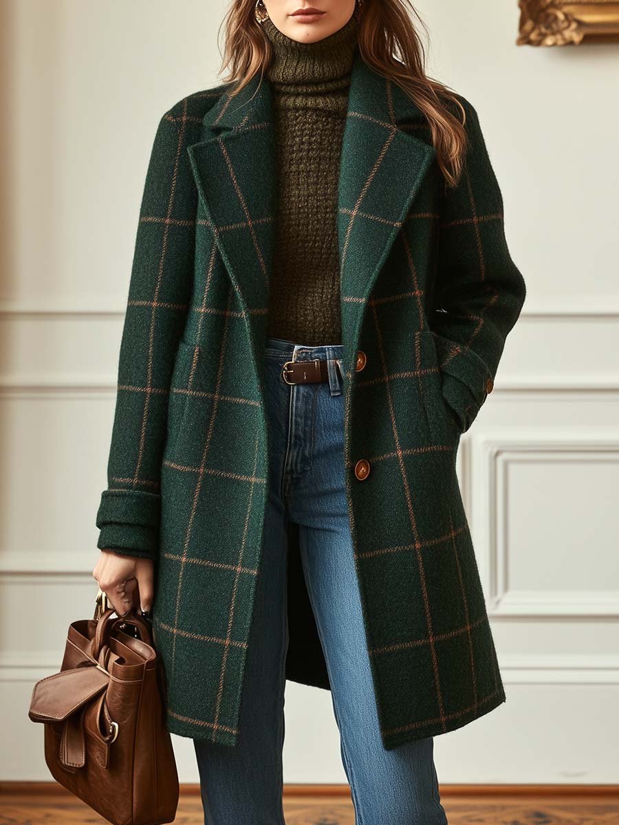 Manteau à Carreaux en Tissu Effet Laine pour Femme