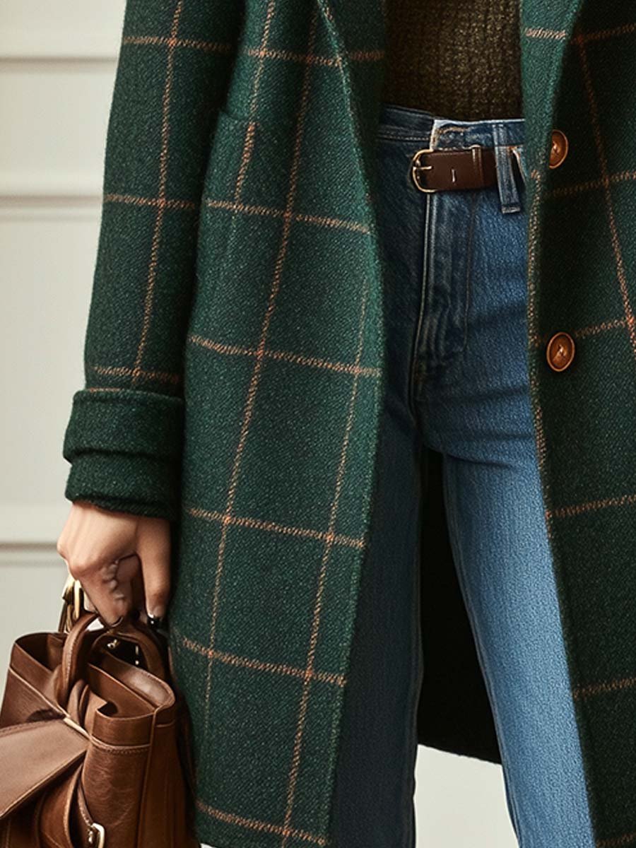 Manteau à Carreaux en Tissu Effet Laine pour Femme