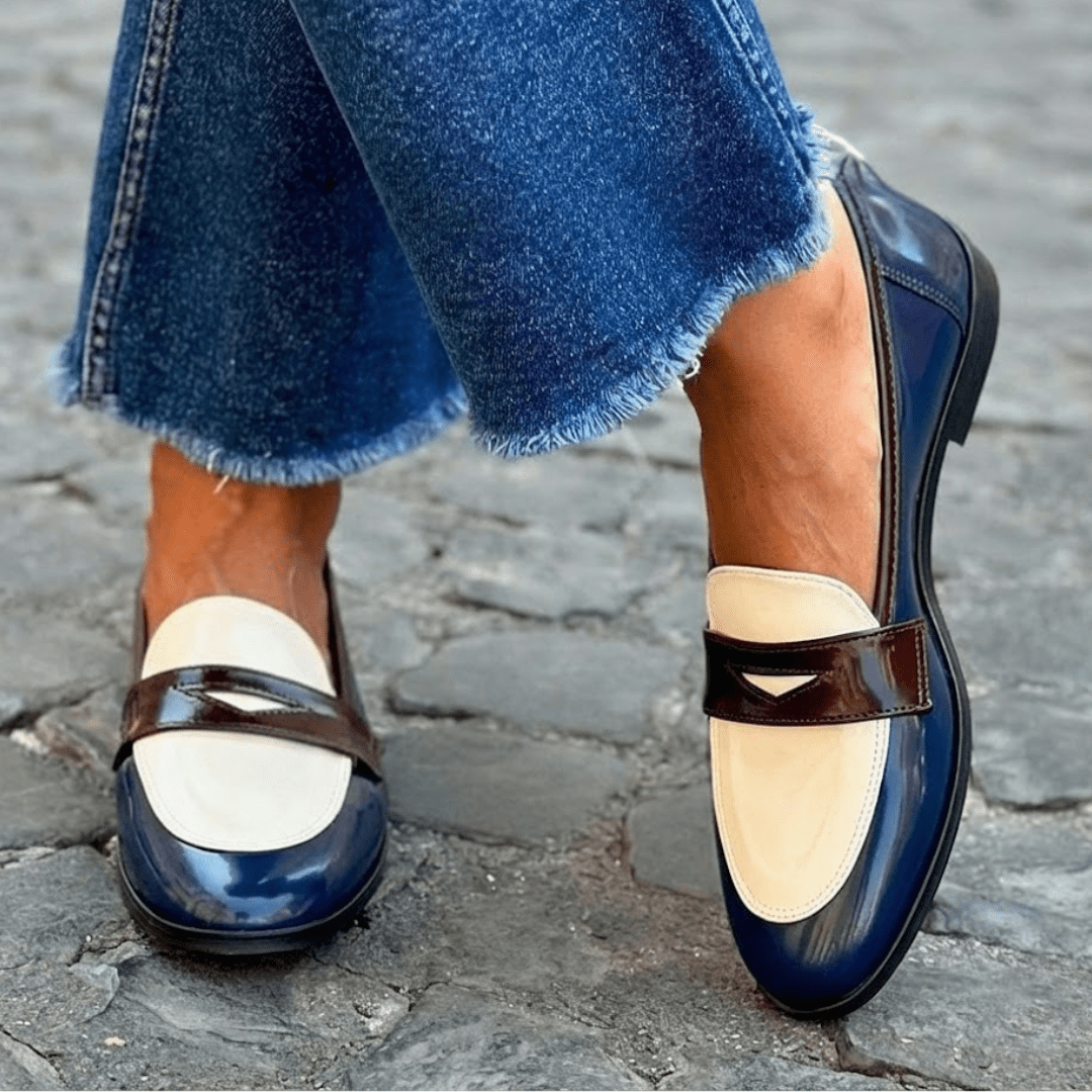 Mocassin Bicolore Penny Loafer en Simili Cuir Vernis pour Femme