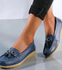 Mocassin Confort en Cuir à Pompon et Boucle Dorée pour Femme