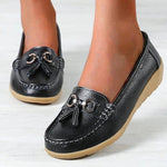 Mocassin Confort en Cuir à Pompon et Boucle Dorée pour Femme
