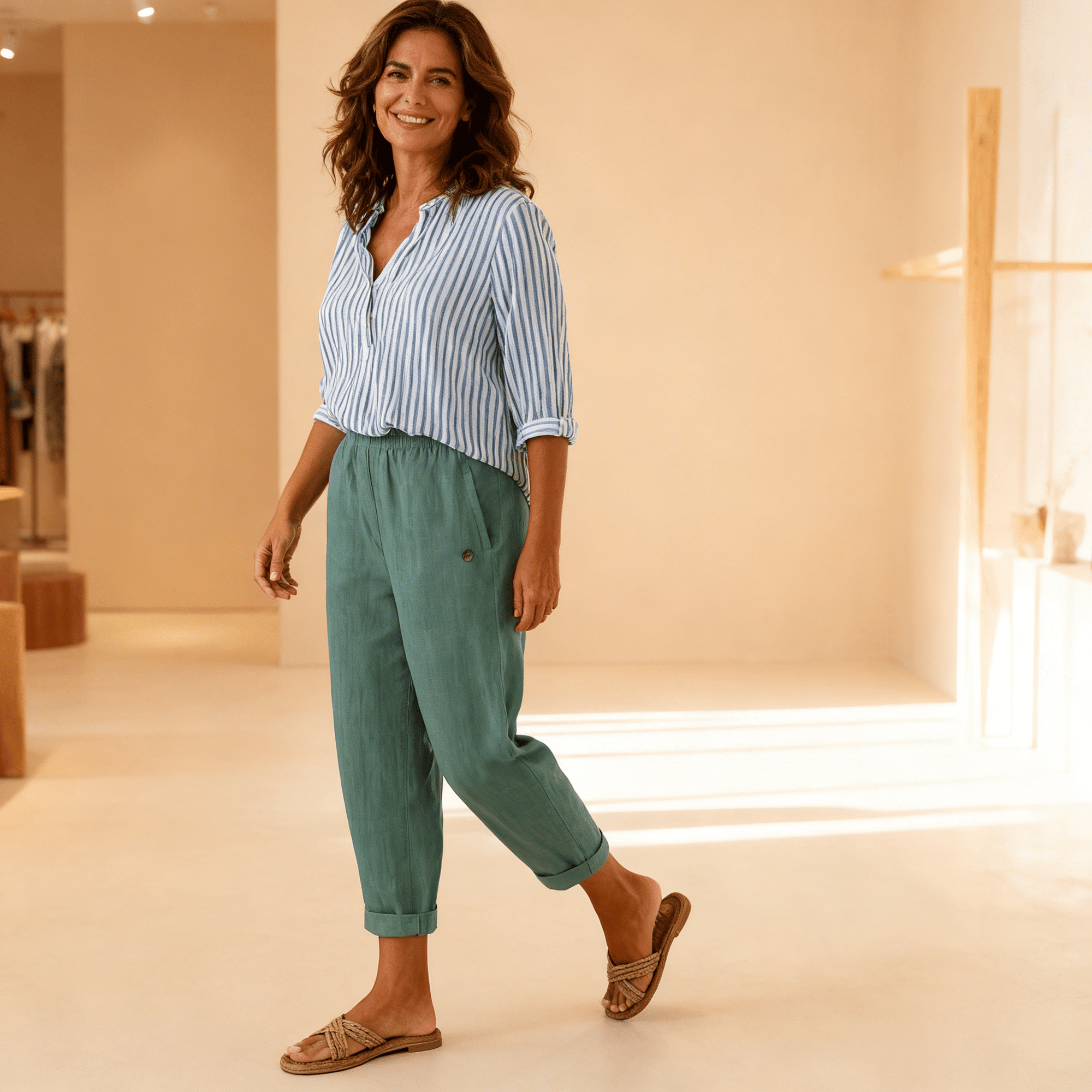 Pantalon Large Taille Haute en Coton et Lin pour Femmes - Emilia Lane