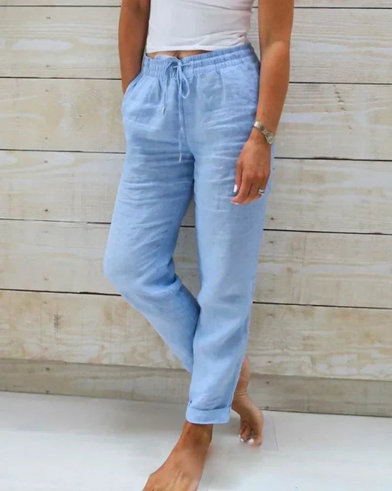 Pantalon Large en Coton et Lin Taille Élastique pour Femmes