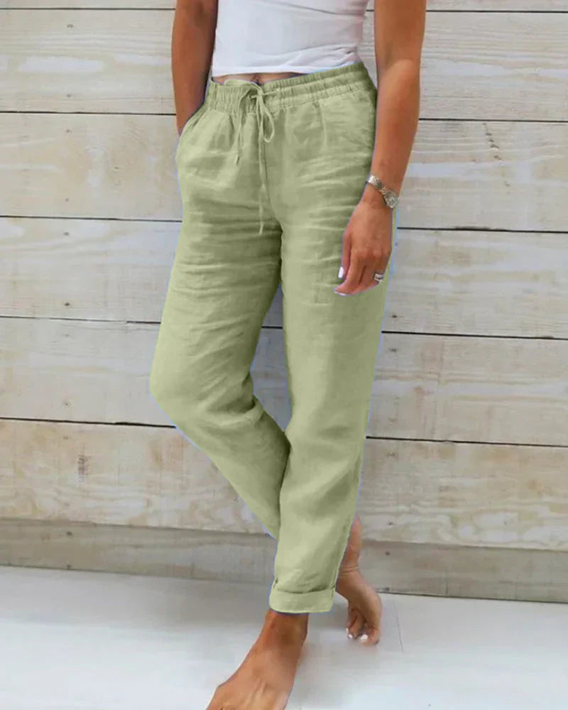 Pantalon Large en Coton et Lin Taille Élastique pour Femmes