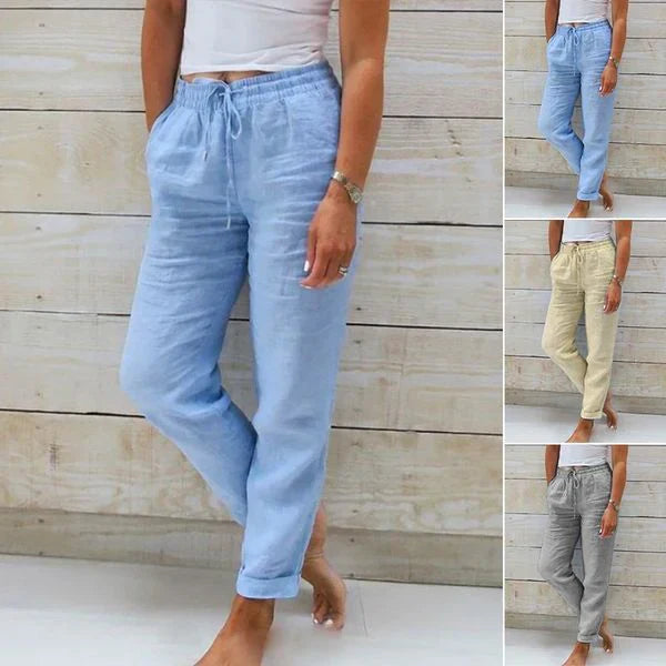 Pantalon Large en Coton et Lin Taille Élastique pour Femmes