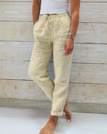 Pantalon Large en Coton et Lin Taille Élastique pour Femmes