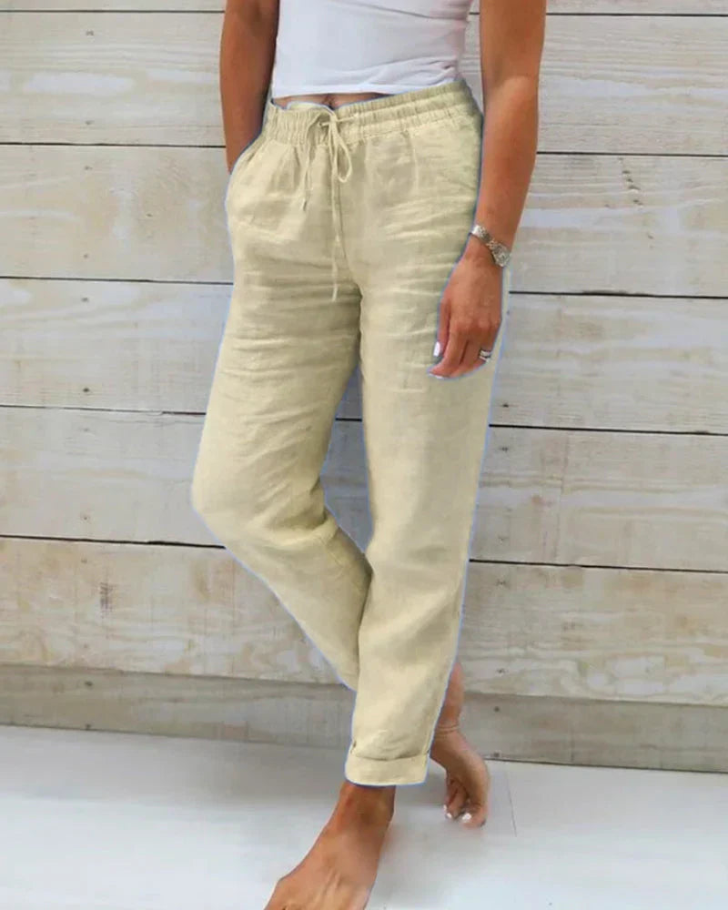 Pantalon Large en Coton et Lin Taille Élastique pour Femmes