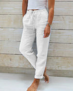 Pantalon Large en Coton et Lin Taille Élastique pour Femmes