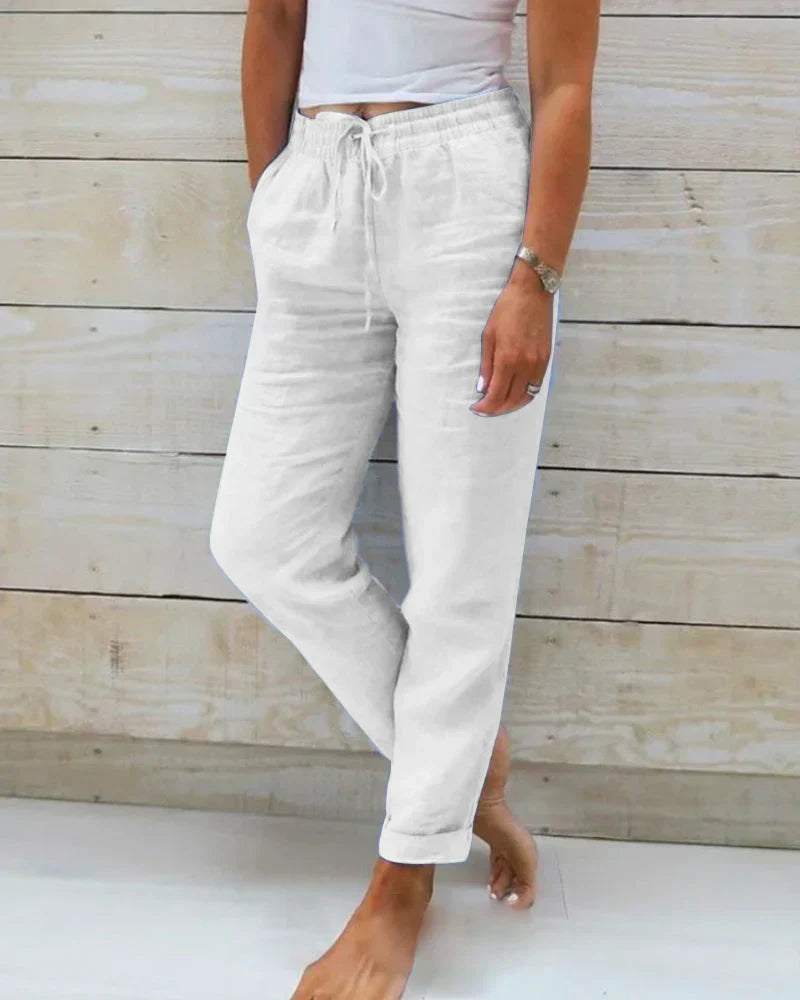Pantalon Large en Coton et Lin Taille Élastique pour Femmes