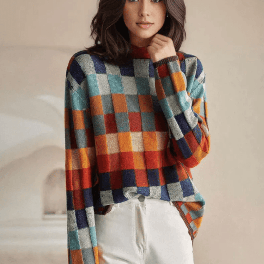 Pull Oversize à Carreaux et Col Montant pour Femme - Emilia Lane