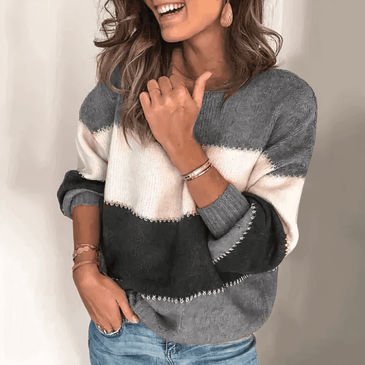 Pull Oversize Tricolore à Col Rond et Manches Longues pour Femme - Emilia Lane