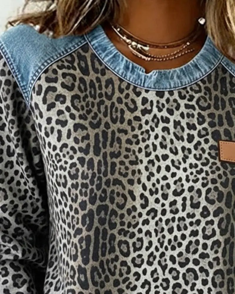 Pull patchwork en denim à imprimé léopard pour femmes - Emilia Lane