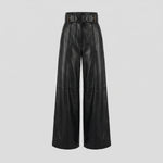 Pantalon Large Taille Haute en Simili Cuir avec Ceinture pour Femme