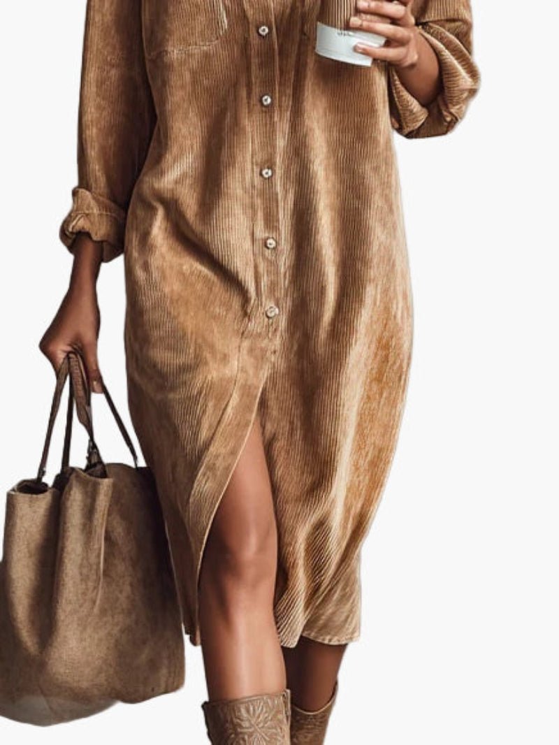 Robe Chemise en Velours Côtelé Mi - Longue pour Femme | Idéale pour le Quotidien - Emilia Lane