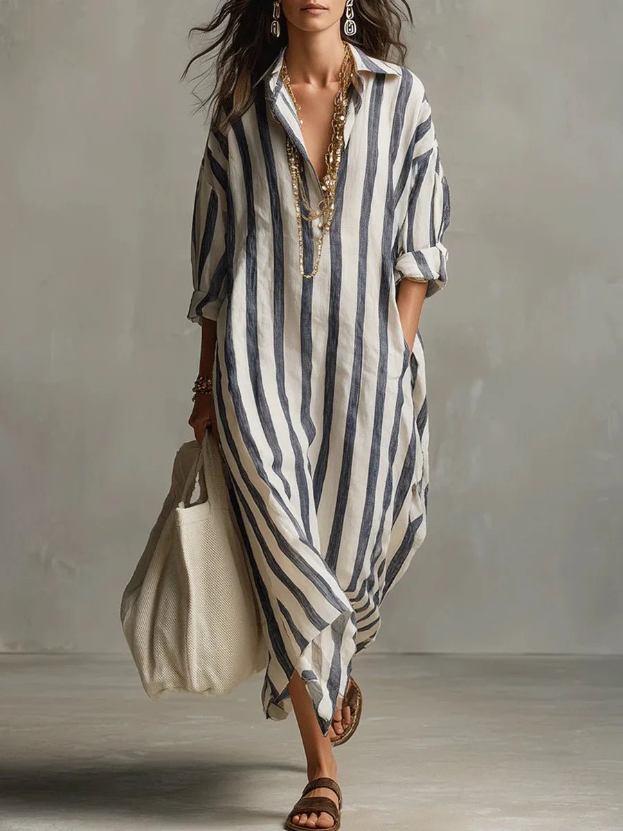 Robe Chemise Longue Femme à Rayures en Lin Coupe Ample avec Poches